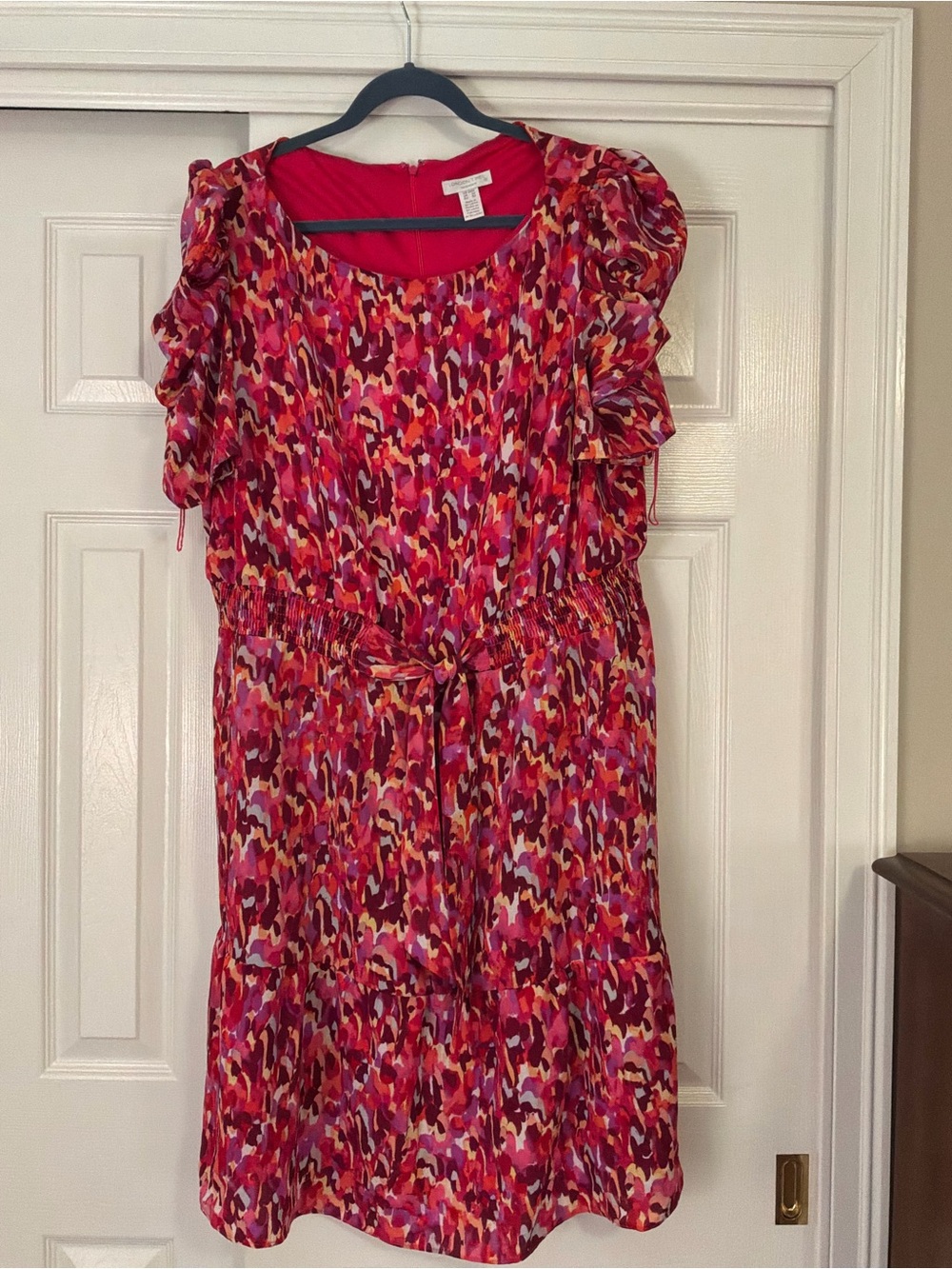 London Times Red Multi-Color Printed Ruffled Sleeve Dress